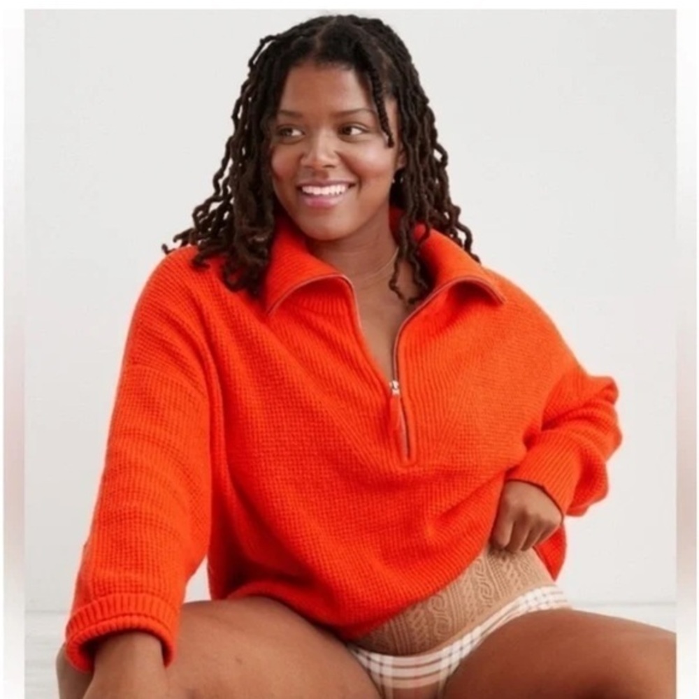 NWT Aerie Cozy Up Quarter Zip Waffle Knit Sweater Starburst Orange